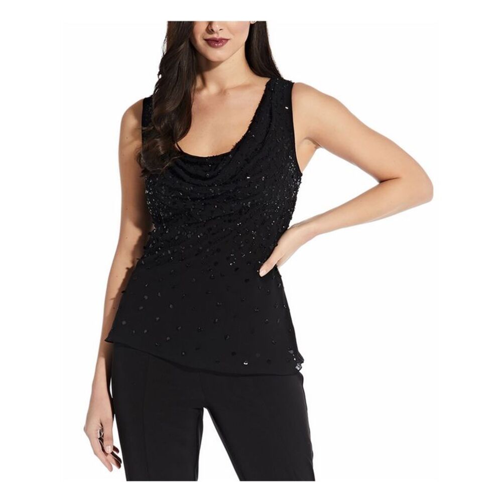 ADRIANNA PAPELL Womens Top Embellished Beaded Sleeveless Cowl Neck Evening Lined